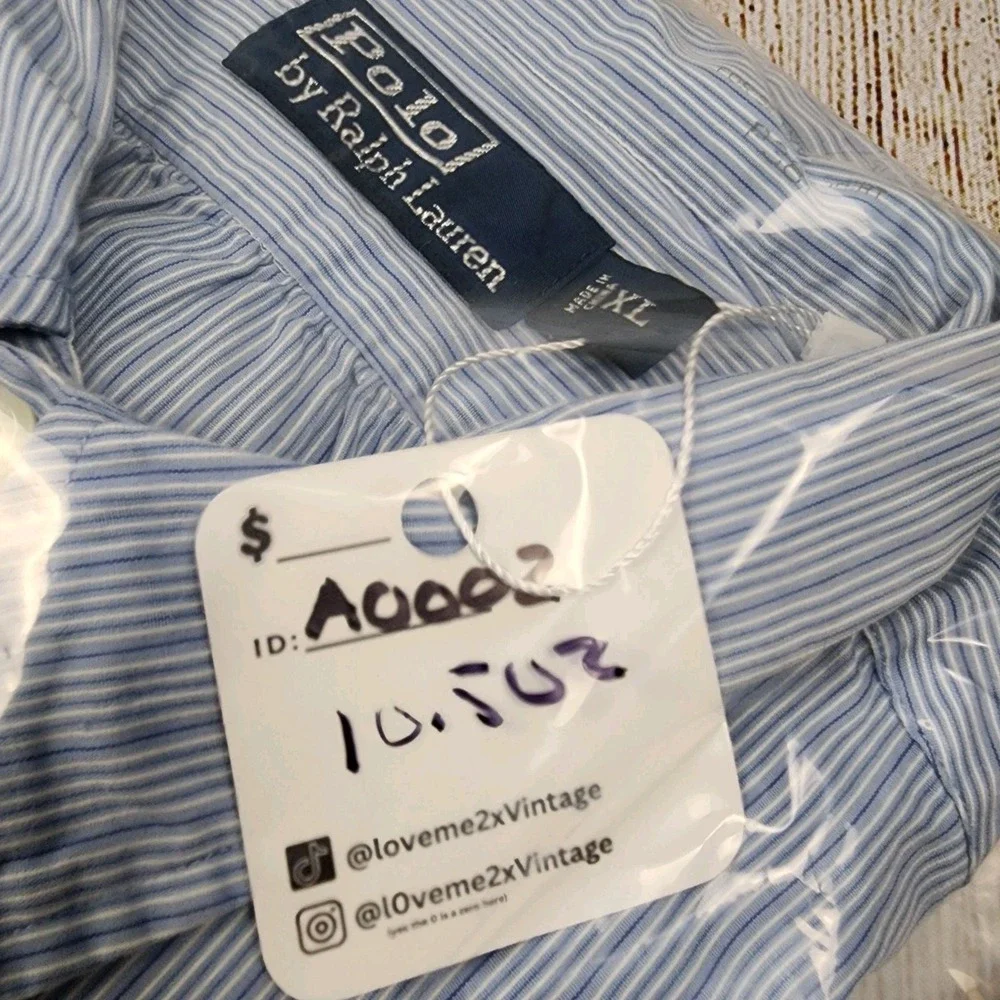 Vintage Polo Ralph Lauren Button Shirt Mens XL‎ Monogrammed Pocket Striped Blue